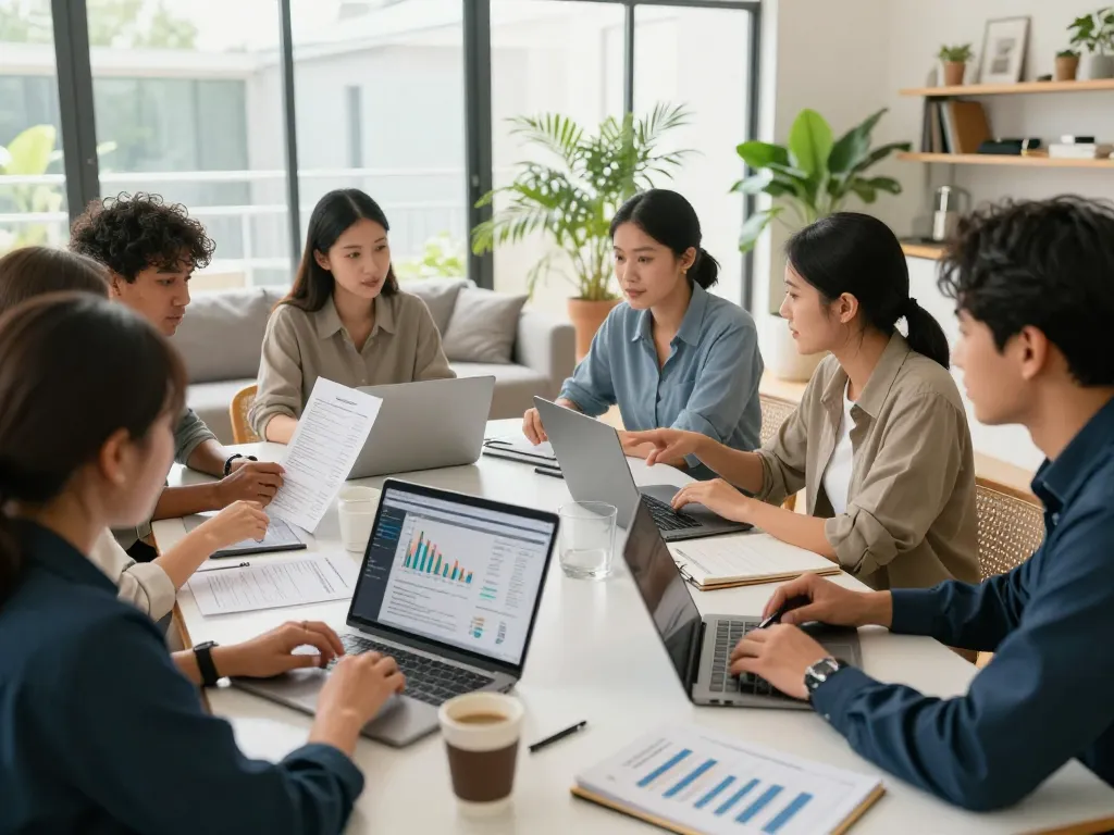 Nationwide investors group analyzing properties in a modern real estate office with investors collaborating.
