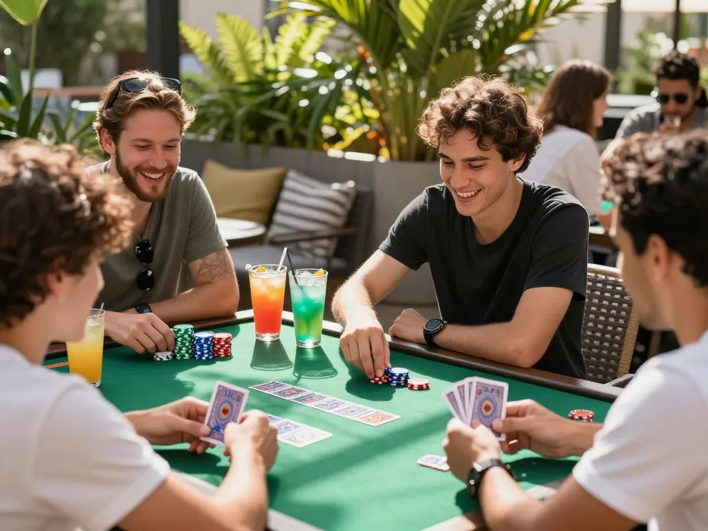 Friends enjoy blackjack at nhà cái shbet's outdoor game night, showcasing excitement and camaraderie.