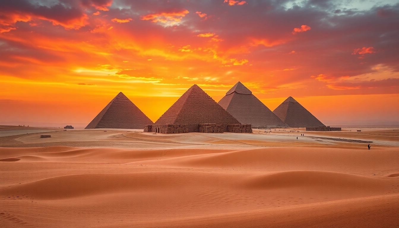 Visitors marvel at the iconic piraminds against a dramatic sunset backdrop in Giza.