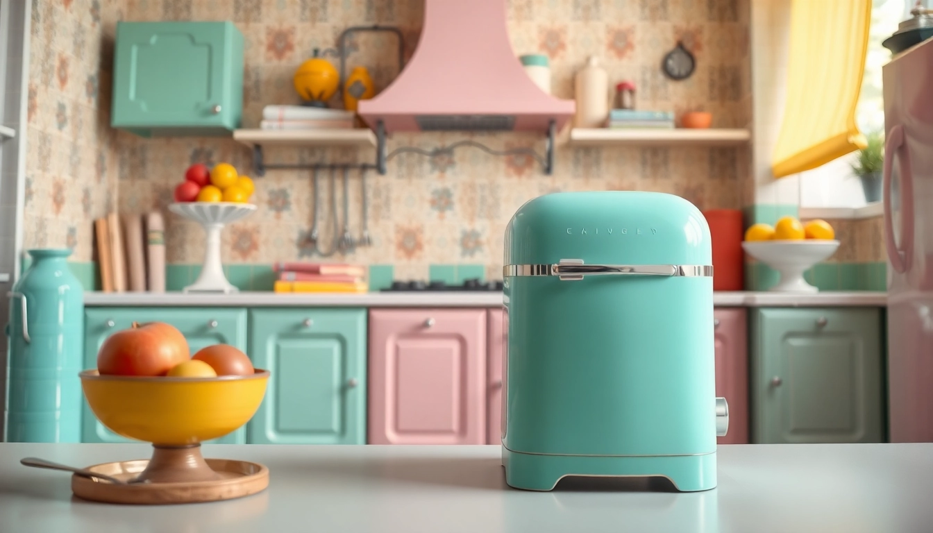 Showcasing a vibrant retro appliance in a charming kitchen setup, reflecting nostalgia and joy.