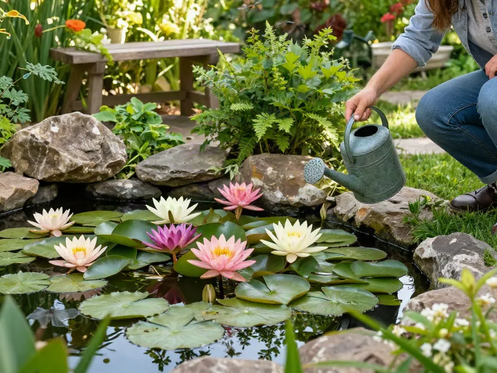 Buy Water Lilies in vibrant colors, person watering lush pond plants in serene garden.