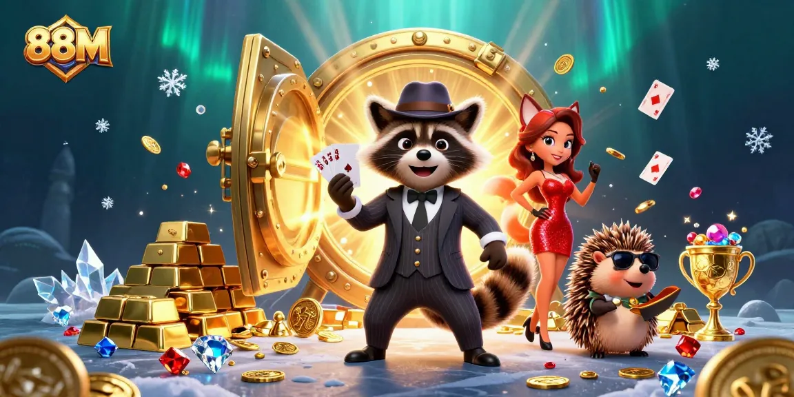 Join the alluring world of 88M casino with suave raccoon and glamorous fox amidst treasure and jackpot excitement.