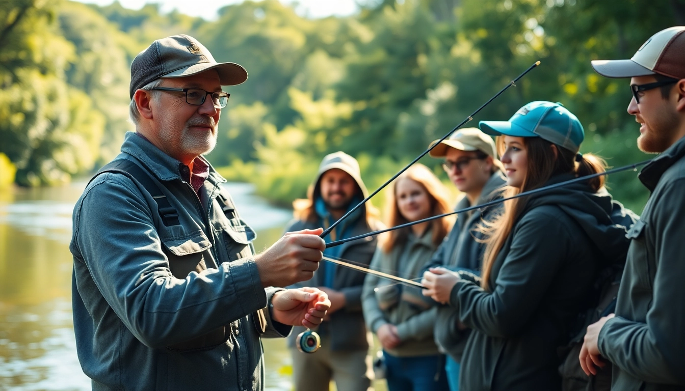 Fly fishing lessons near me with a professional instructor teaching students by a tranquil river.