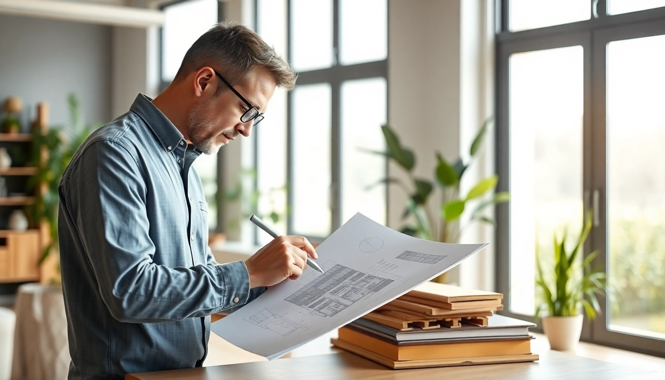 Residential architect designing a contemporary home in a bright studio environment.