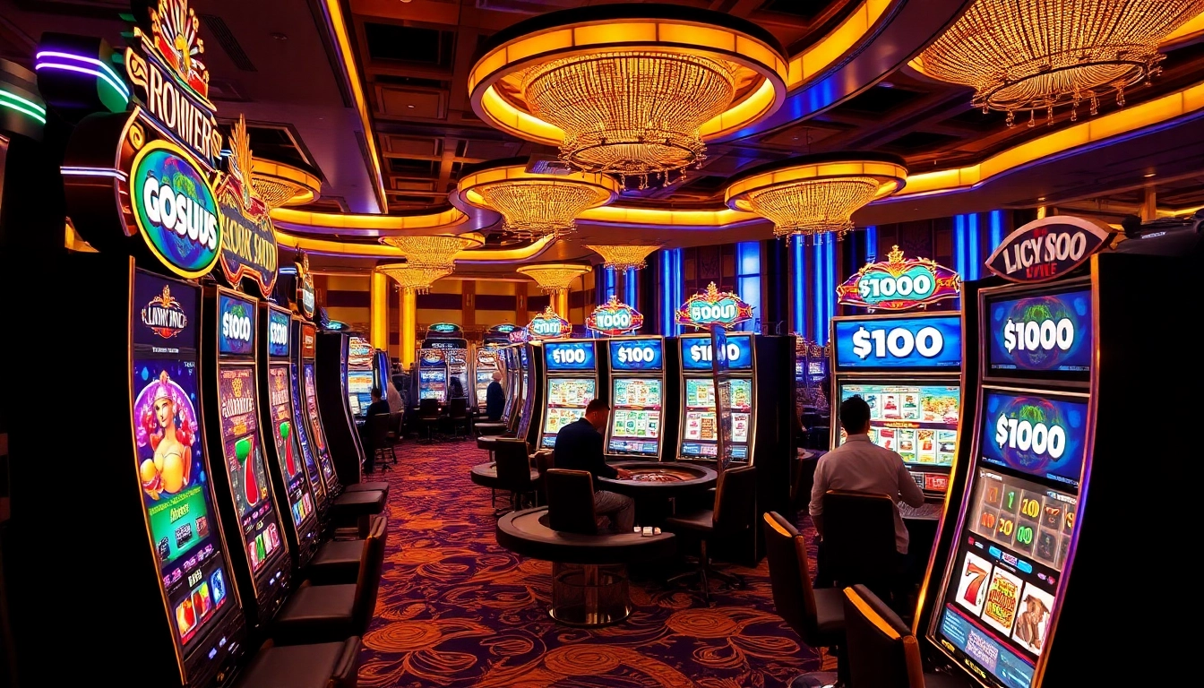 Para pemain yang bersemangat menikmati mesin slot dengan promosi slot bonus 100 dalam suasana kasino mewah.