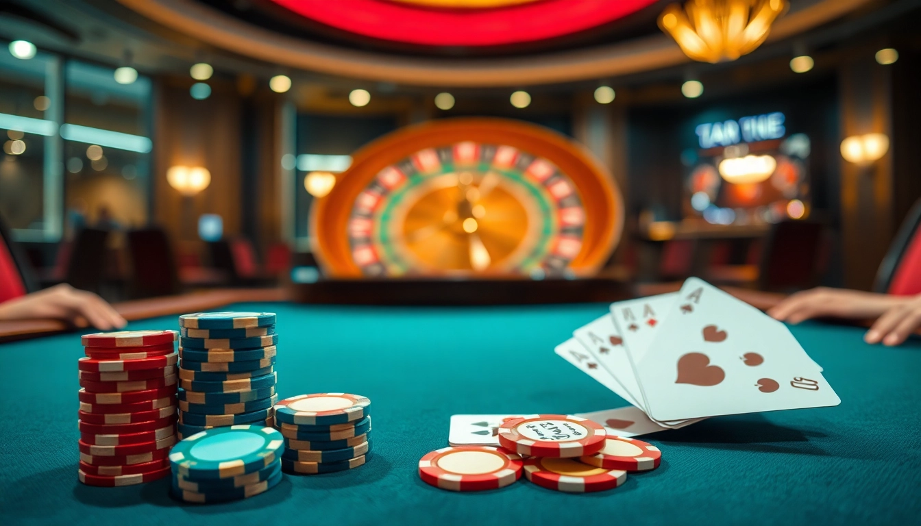 Experience the thrill of thabet đăng nhập at a luxurious poker table with exciting gameplay and vibrant casino lights.