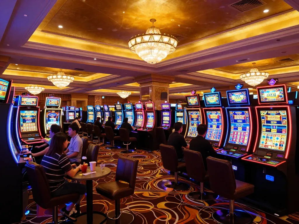 Engaged players enjoying vibrant slot machines at MM 88 Casino, colorful lights enhancing the excitement.