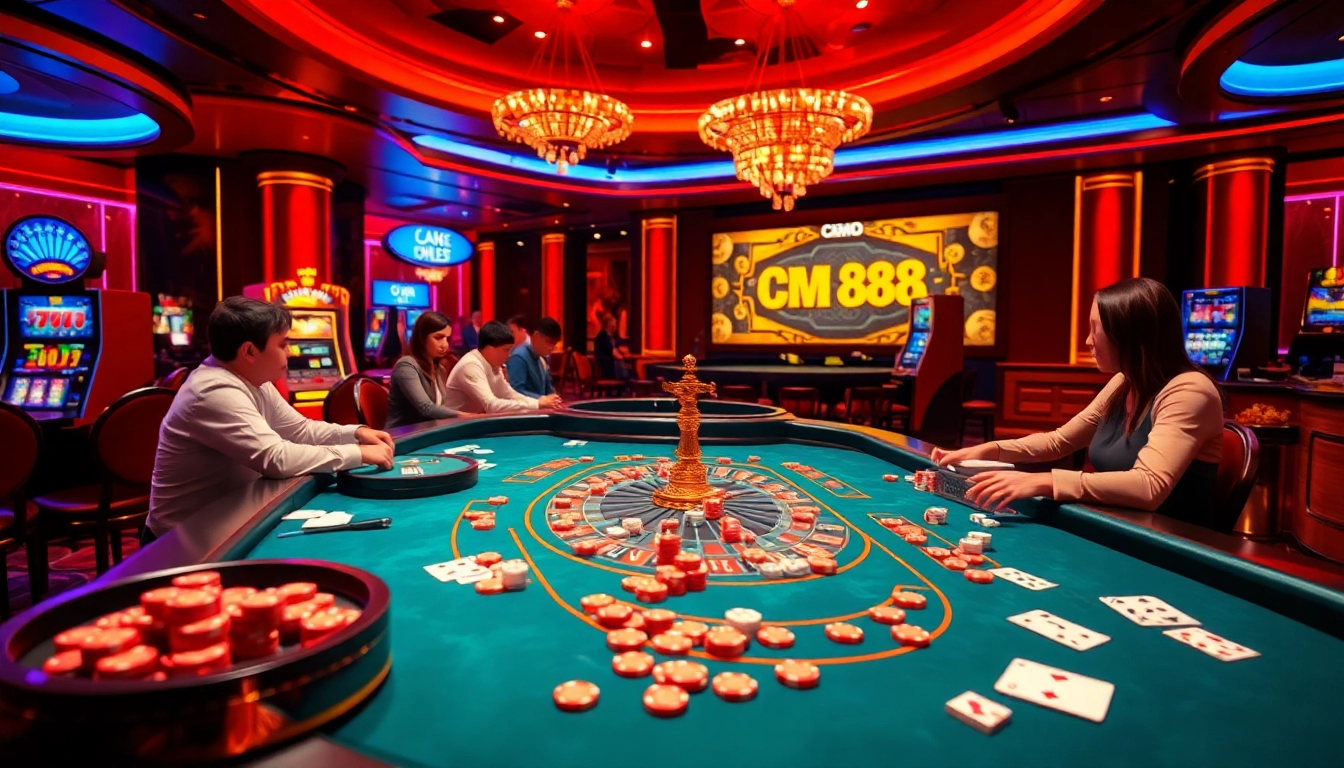 Exciting gaming atmosphere showcasing nhà cái cm88 with vibrant casino tables and engaged players.