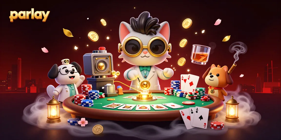 Experience thrilling parlay bets with unique characters in a rich casino setting featuring poker elements.