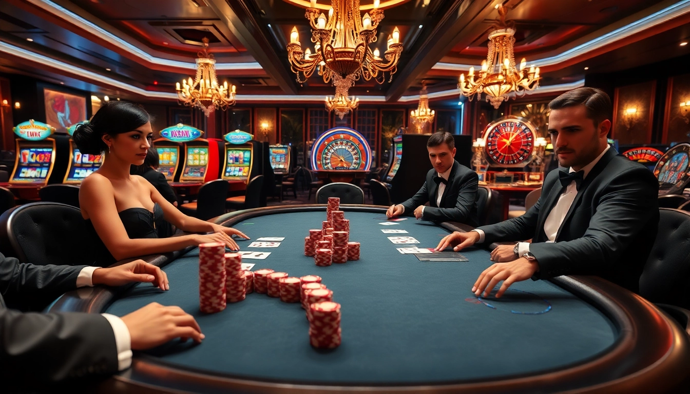 Parties de poker captivantes au casino en ligne France avec des joueurs sophistiqués et des jetons éclatants.