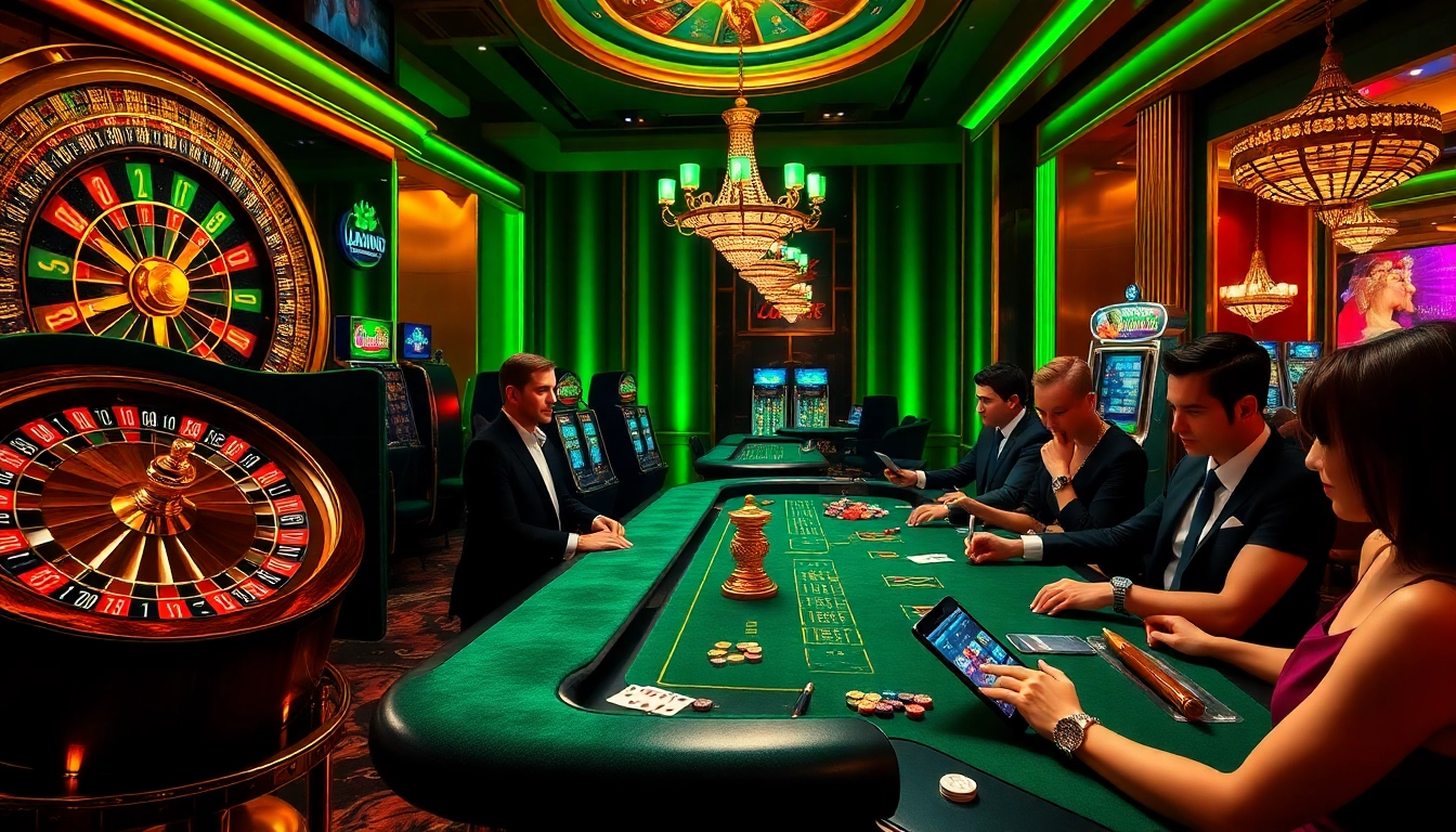 Une scène captivante de casino en ligne France présentant la roulette, des machines à sous, et des joueurs en tenue élégante engagés dans le blackjack, reflétant excitation et professionnalisme.