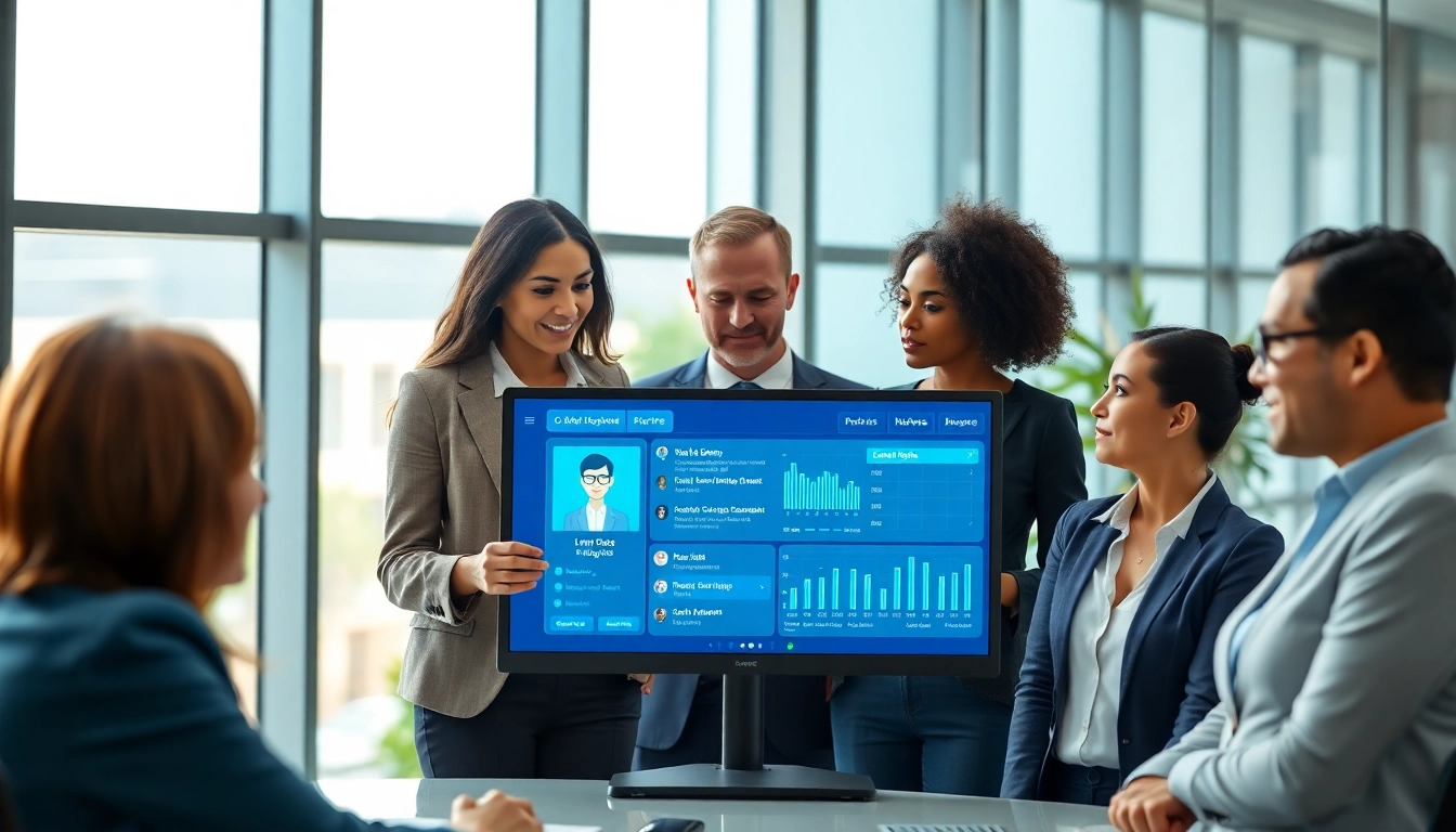 Analyze data to scrape linkedin and sales navigator leads with business professionals in a modern office.