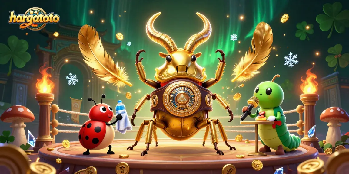 hargatoto features a dynamic battle scene with a golden beetle champion, ladybug, and caterpillar in a vibrant casino arena