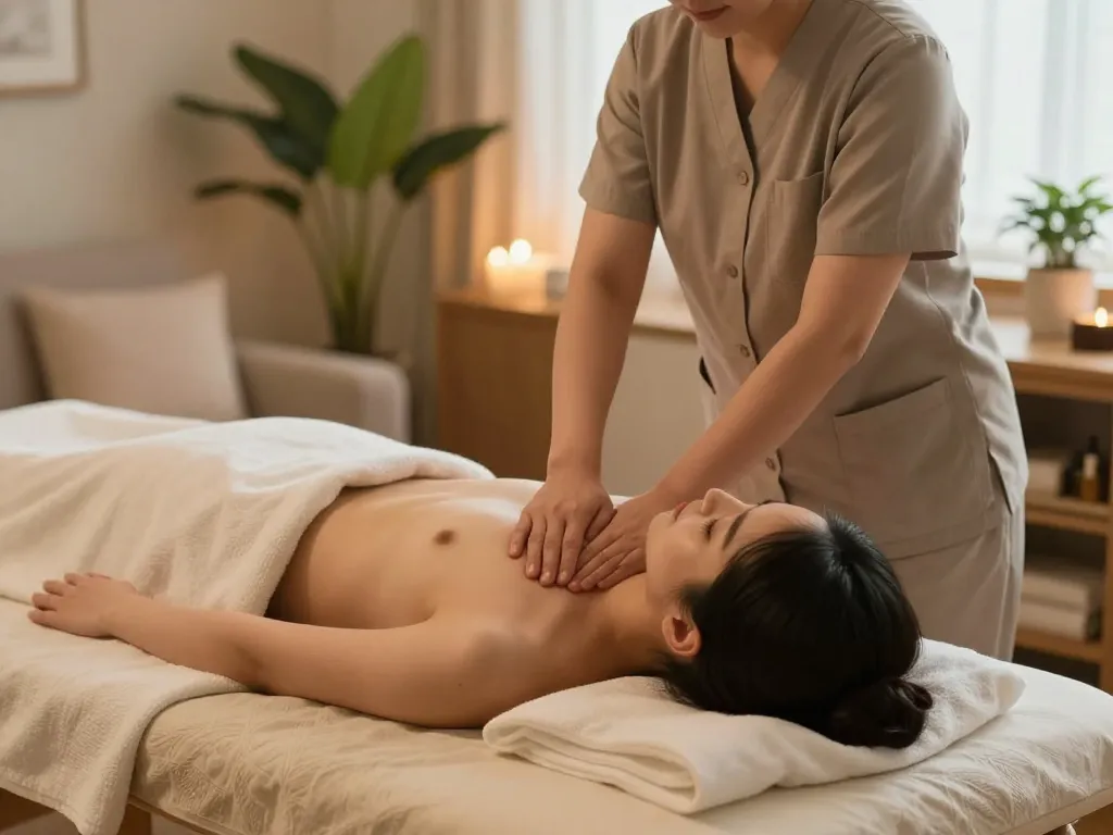Professional therapist delivering 서울출장마사지 in a serene home environment with soft lighting and natural elements.