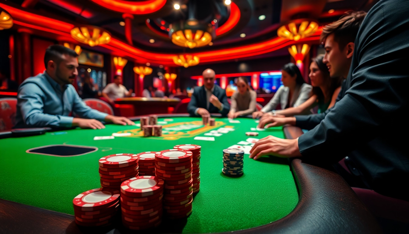 Permainan di meja poker dengan MABAR88 Deposit yang penuh semangat dan chip berwarna-warni.