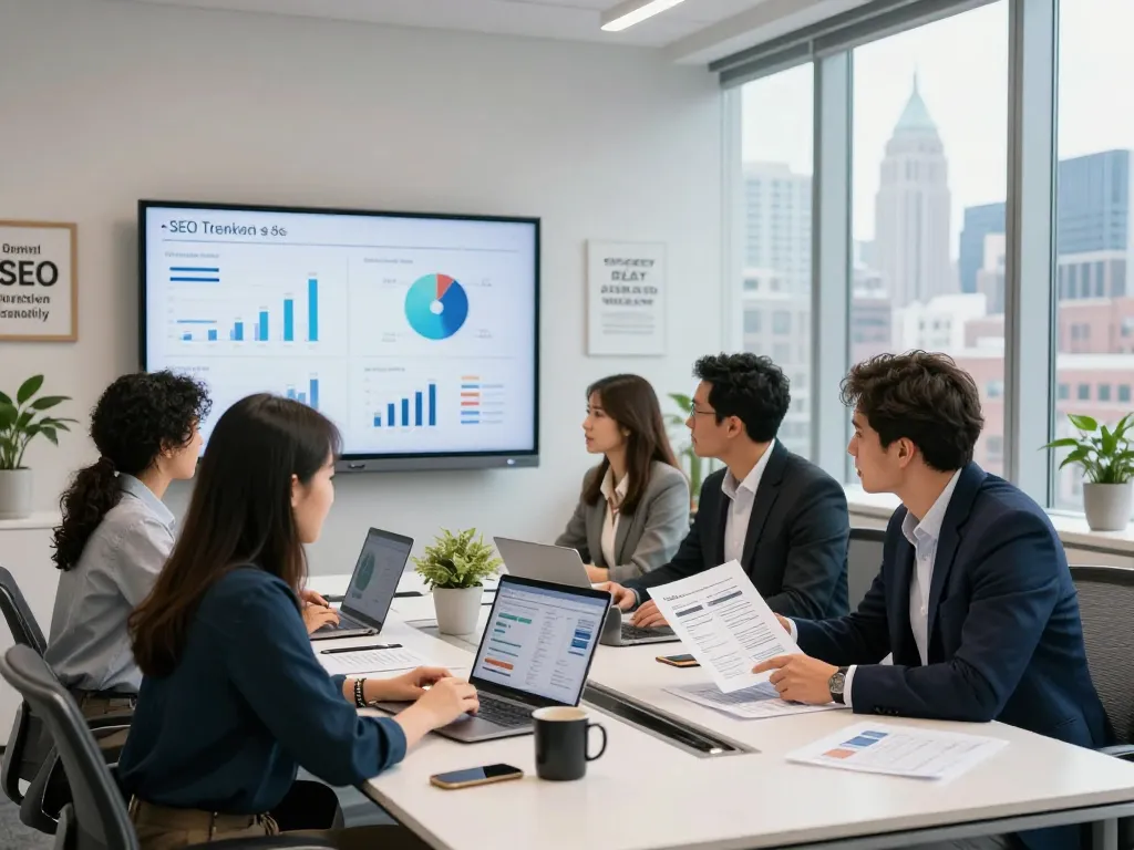 SEO Company in NYC team analyzing digital marketing strategies in modern office.