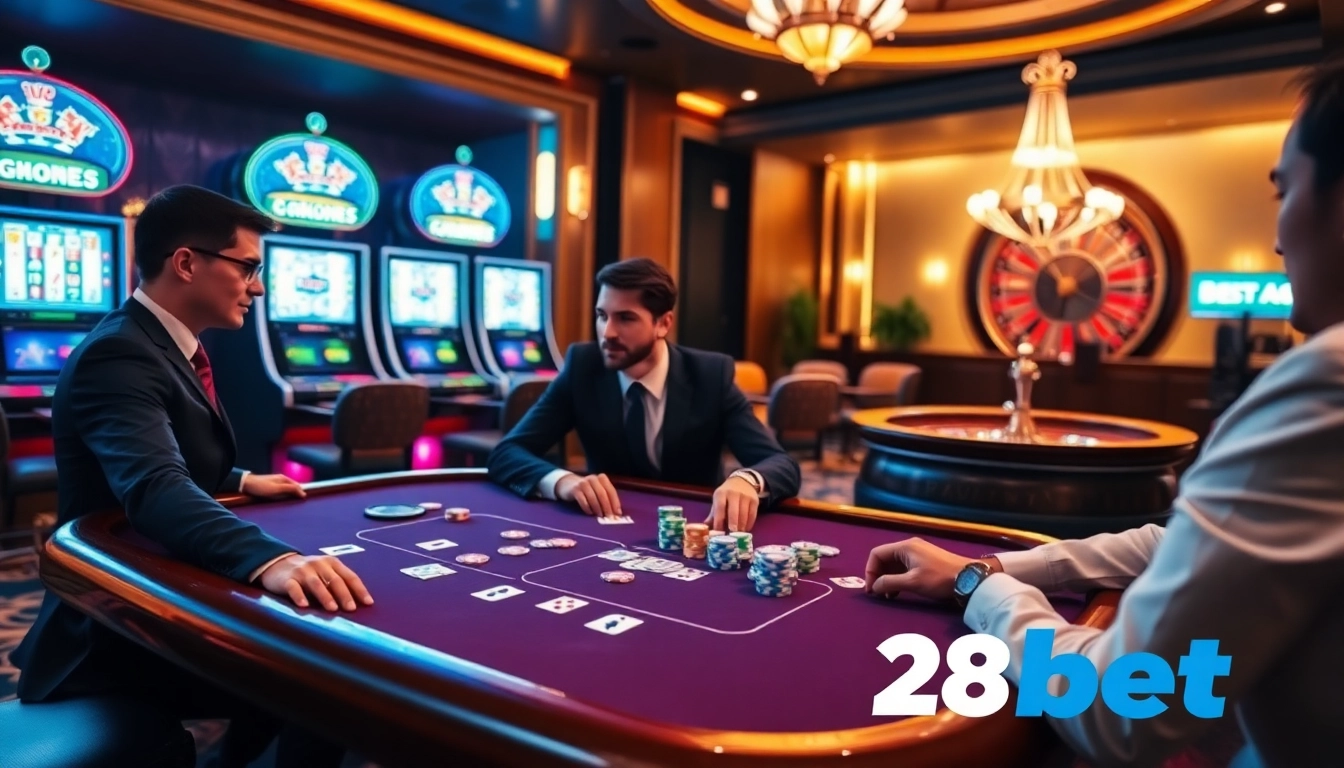 Professional players betting at a poker table, showcasing 28bet.com excitement in gambling.