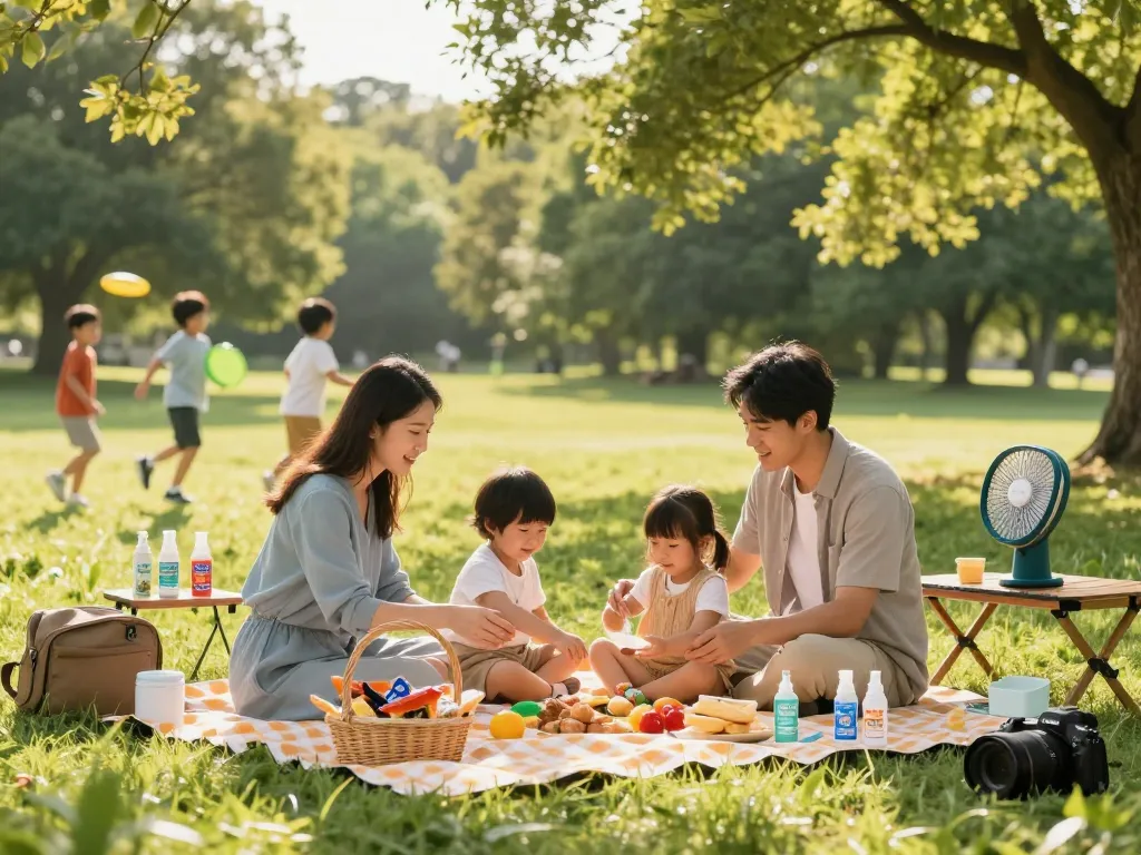 Enjoying outdoor picnic with mosquito repellent products protecting the family from bites