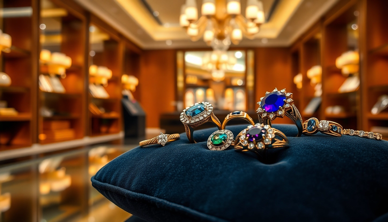 Showcasing luxury rings with exquisite designs and sparkling gemstones on a velvet cushion.