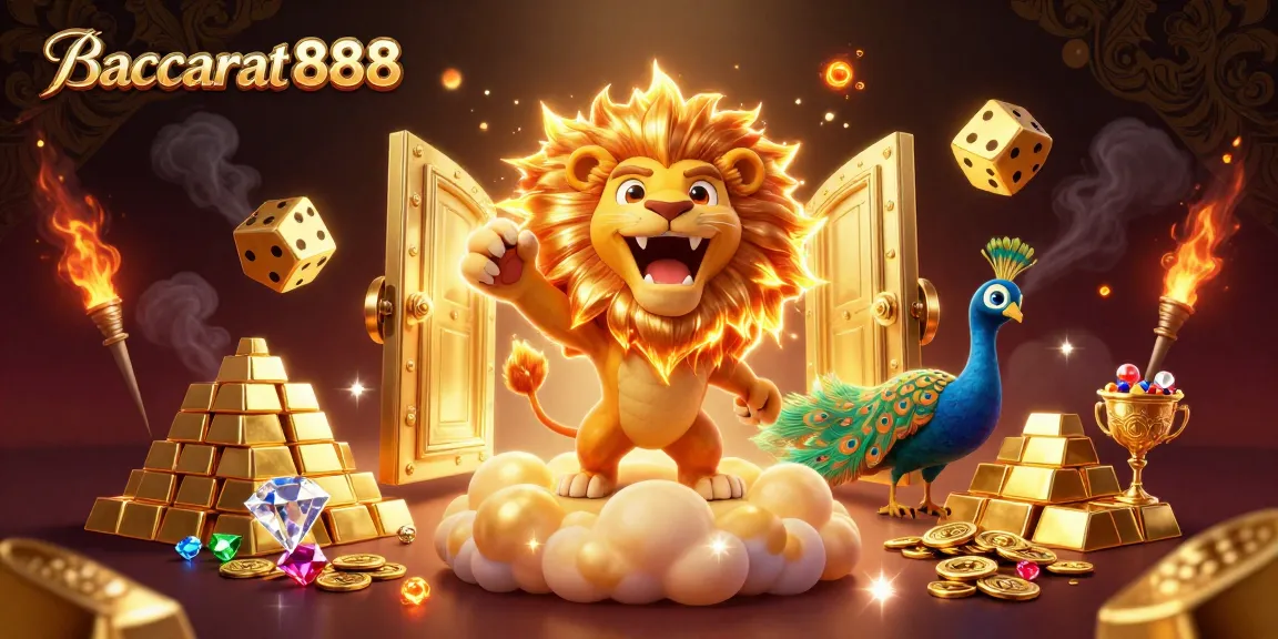 Baccarat888 offers a thrilling online casino experience with golden treasures and vibrant scenes of gameplay.