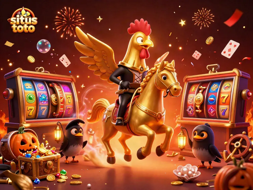 Experience the thrill of situs toto with this artistic portrayal of a golden rooster and casino elements.