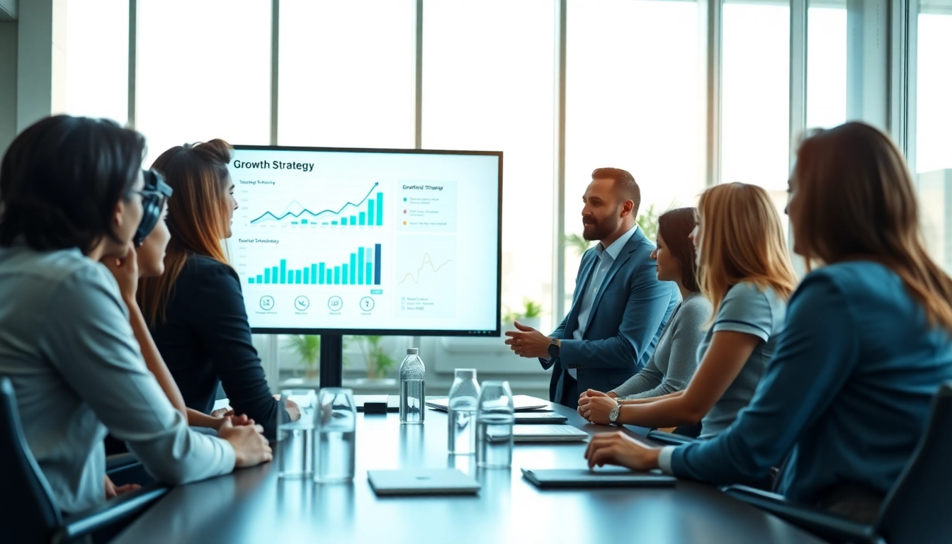 Engagement in a professional discussion on growth strategy trends showcasing a diverse team in a modern office.