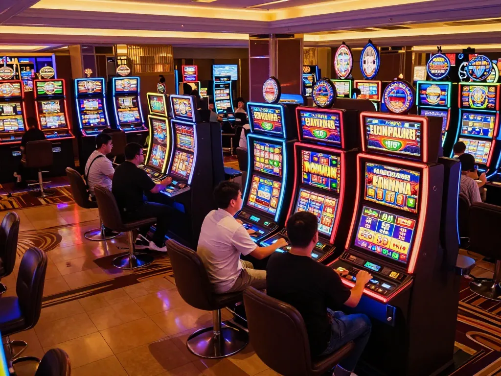 Engaged players at colorful slot machines in vibrant casino Thailand, celebrating wins.