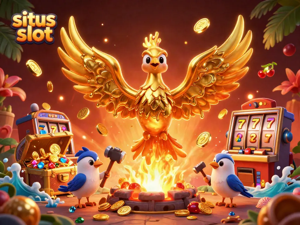 Experience the excitement of situs slot in this vibrant illustration featuring a golden phoenix and dynamic casino elements.