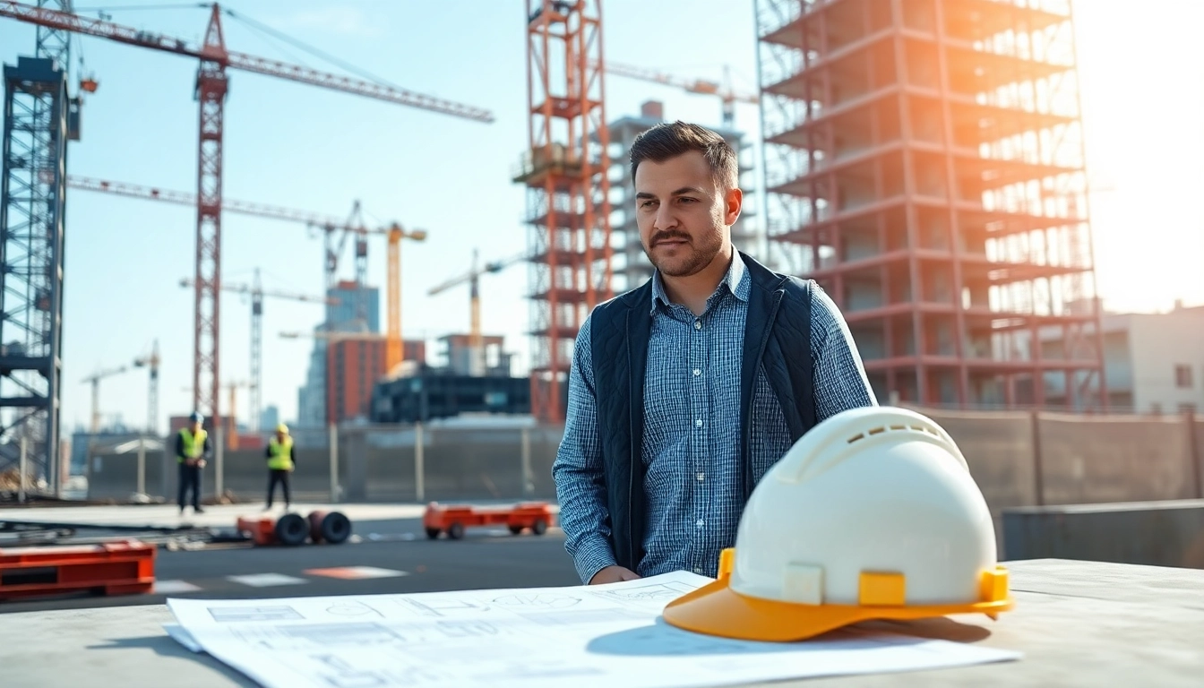 Manhattan Construction Manager reviewing blueprints on-site amidst construction activity.