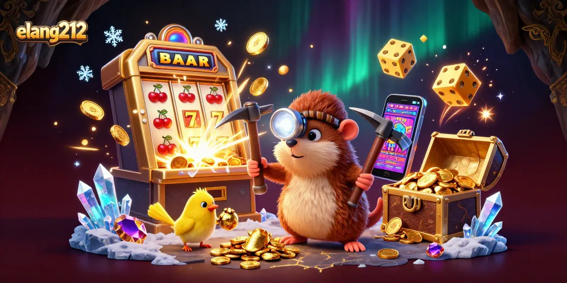 Spin the reels with elang212's treasure hunter mole amid a lively casino environment brimming with excitement.