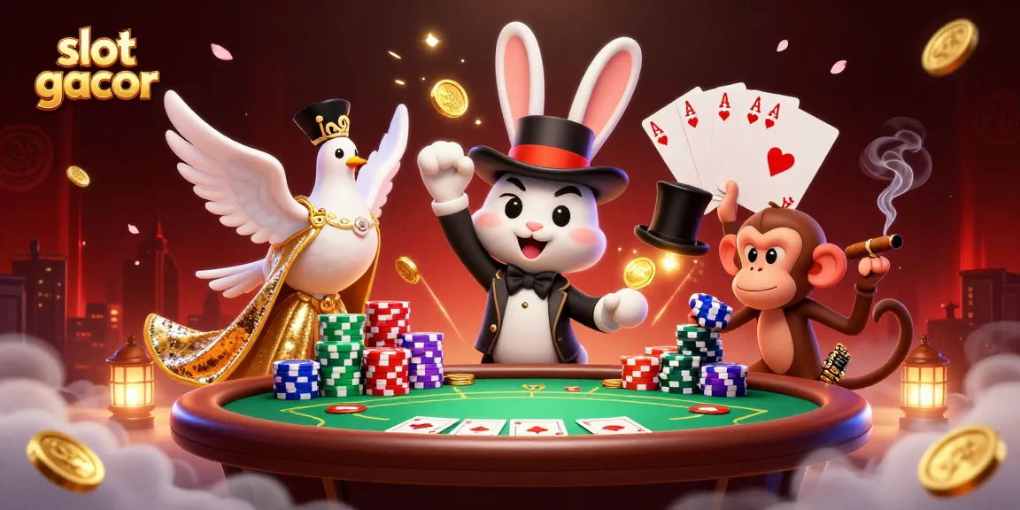 Engage with slot gacor in an exciting 3D scene featuring a magician, dove, and monkey amidst vibrant casino elements.