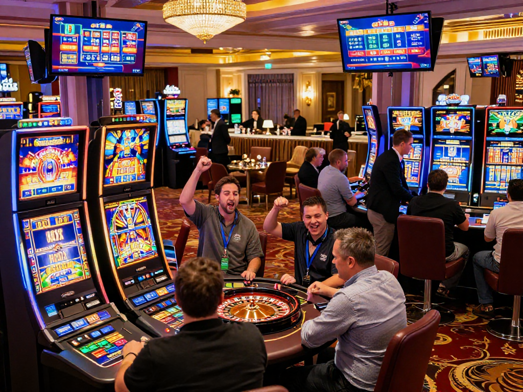 Players enjoying lively games at new EU casinos, showcasing vibrant atmosphere and diverse gaming options.