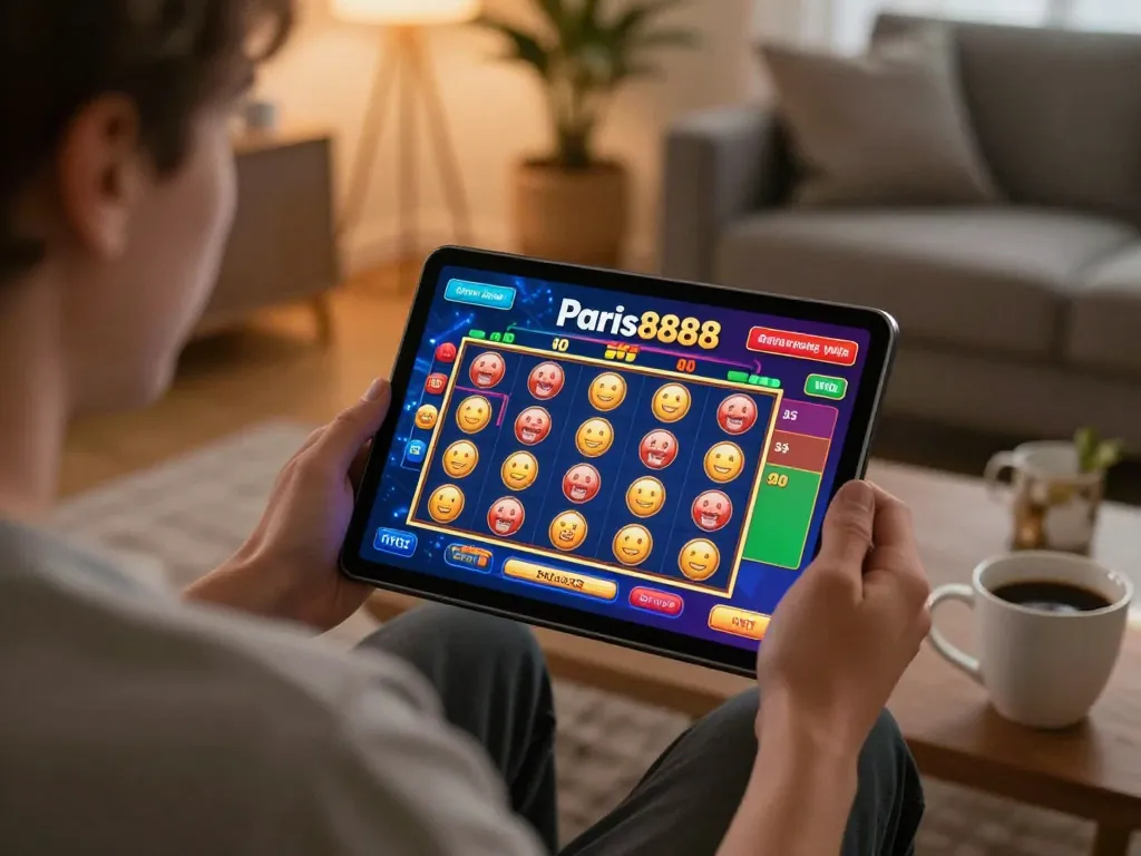 Play exciting slot games on Paris888 in a cozy living room setting, showcasing engaging gameplay.