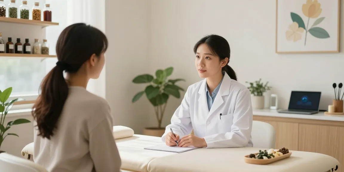 Consultation at 영통한의원 featuring a healthcare professional and patient in a calming wellness setting.