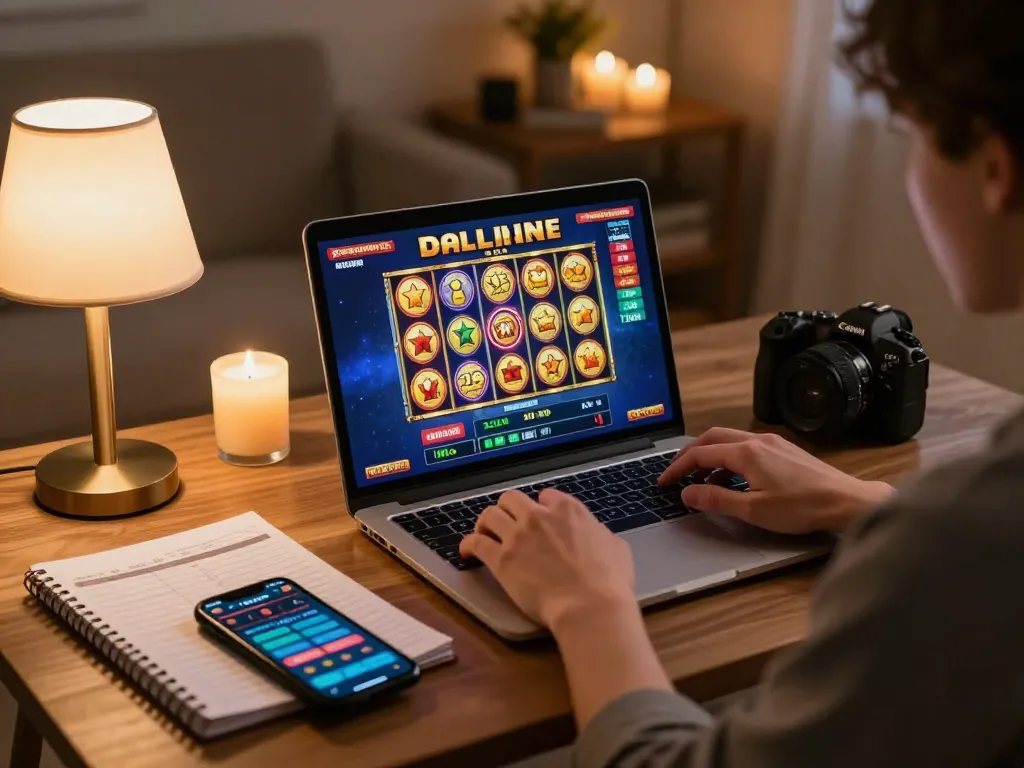 Engaging online slot bonus gameplay on a laptop with cozy home setting.