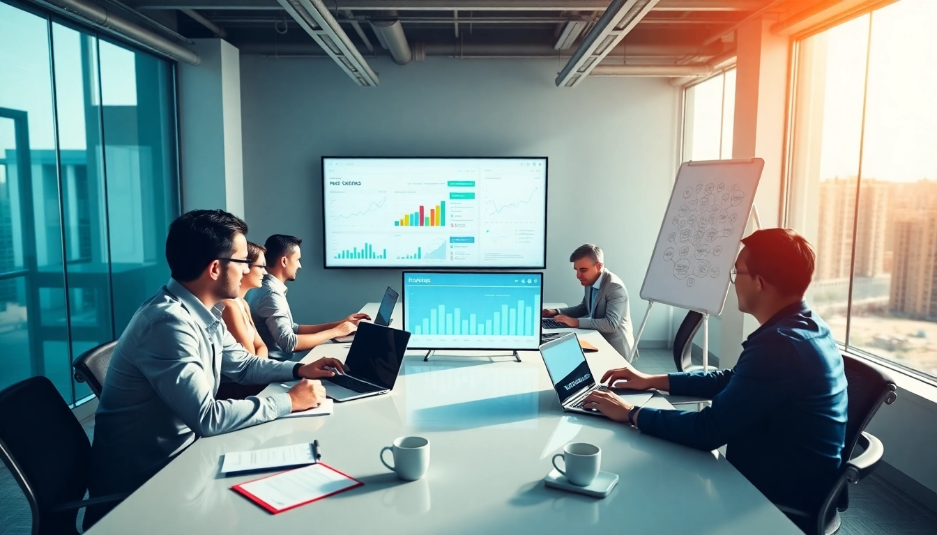 SEO consulting team collaborating in a bright office environment.
