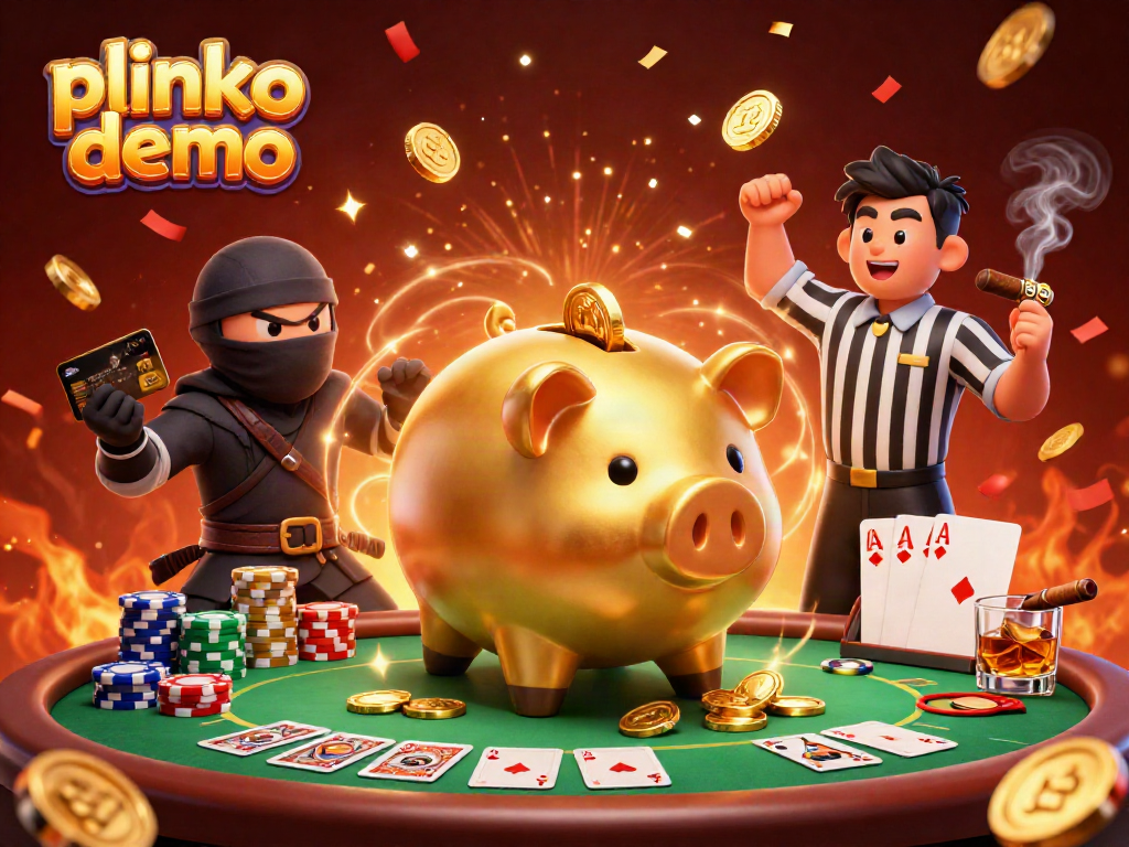 Engage with the thrilling plinko demo featuring a golden piggy bank sumo wrestler amidst a vibrant casino scene.