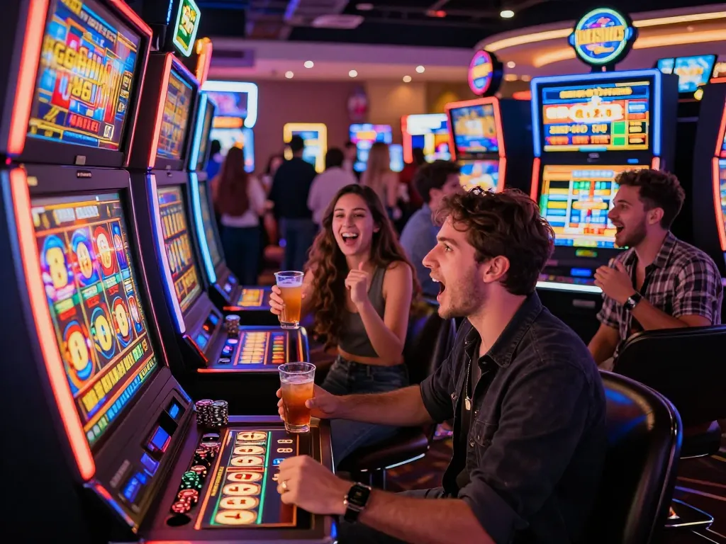 Kelompok yang menarik menikmati permainan link slot dalam suasana kasino yang meriah.
