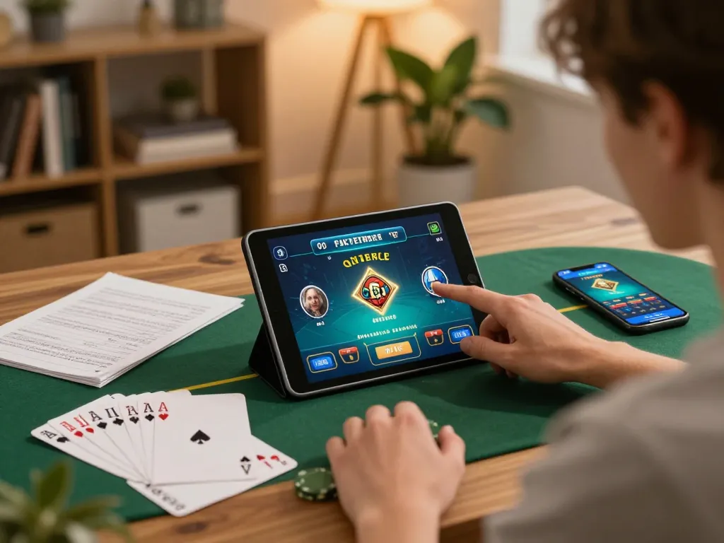 Engaging in poker strategy with u888 app on a tablet while managing bankroll notes at home