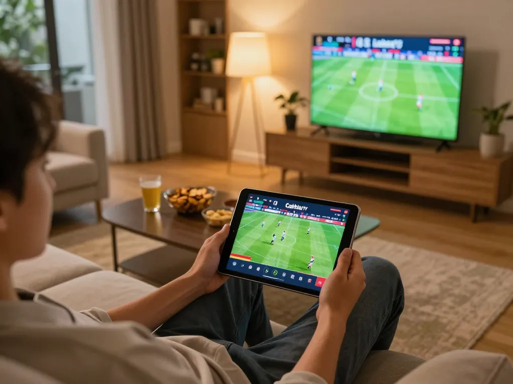 CakhiaTV streaming live football match on tablet in a cozy home setup with snacks and warm lighting.