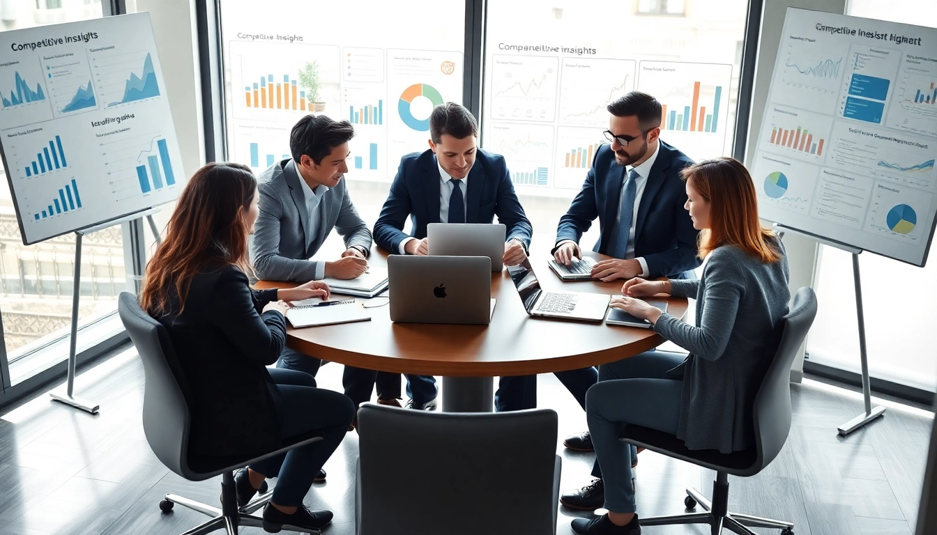 Analyze competitive intelligence faqs with a team in a modern office setting.