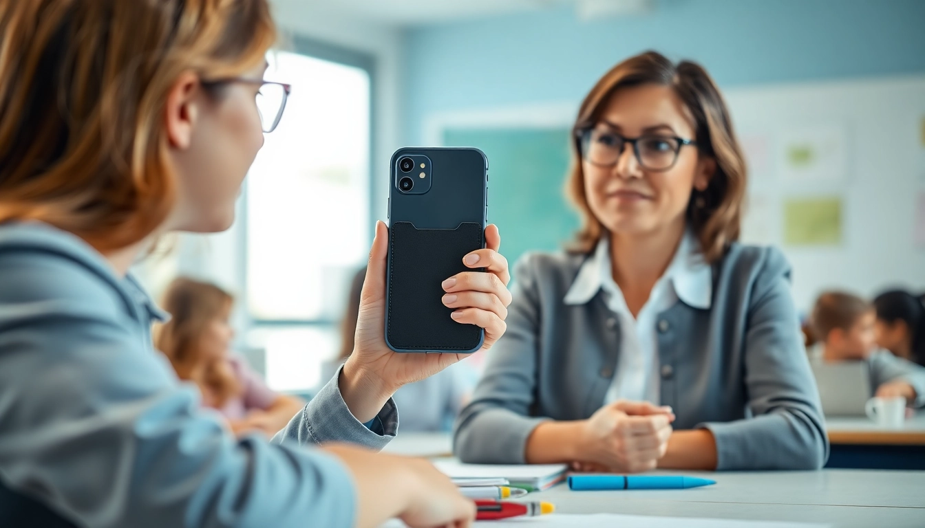 Handytasche Lehrer wird von einer Lehrerin im Klassenzimmer genutzt, um Schüler zu unterstützen.