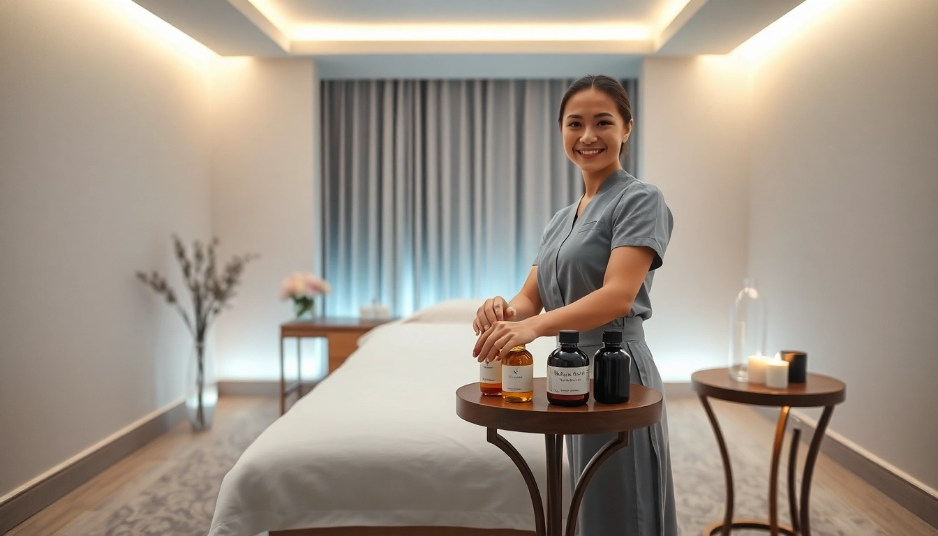 출장 마사지 in a luxurious hotel room setting with a professional therapist.