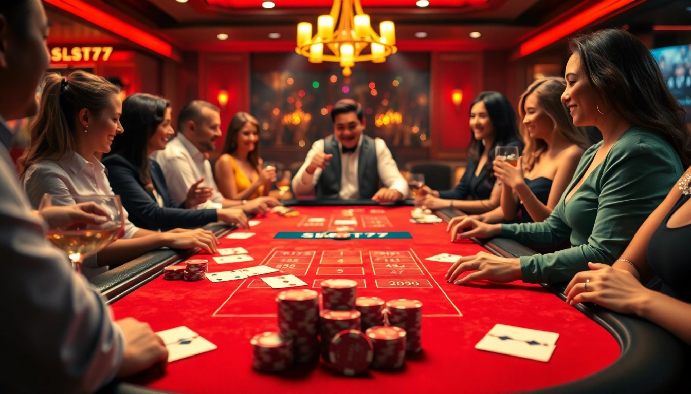 Gim Slot77 yang mengasyikkan dengan pemain yang menikmati permainan kartu dan chip.