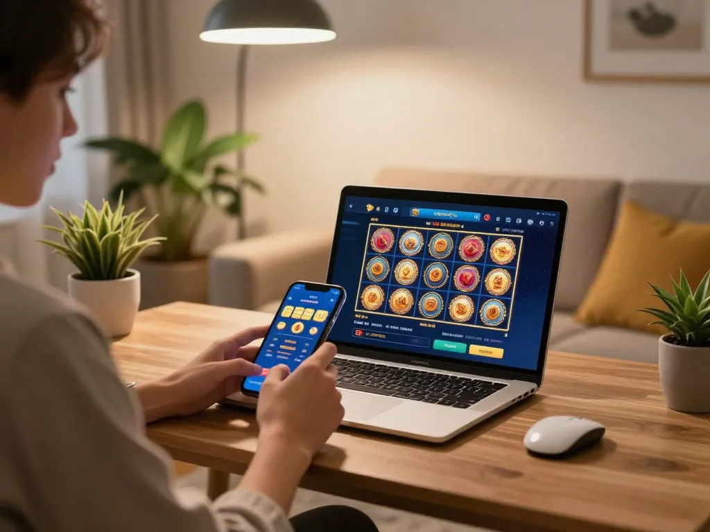 Engaging scene of a player enjoying slot online game on a mobile device in a cozy home setting.