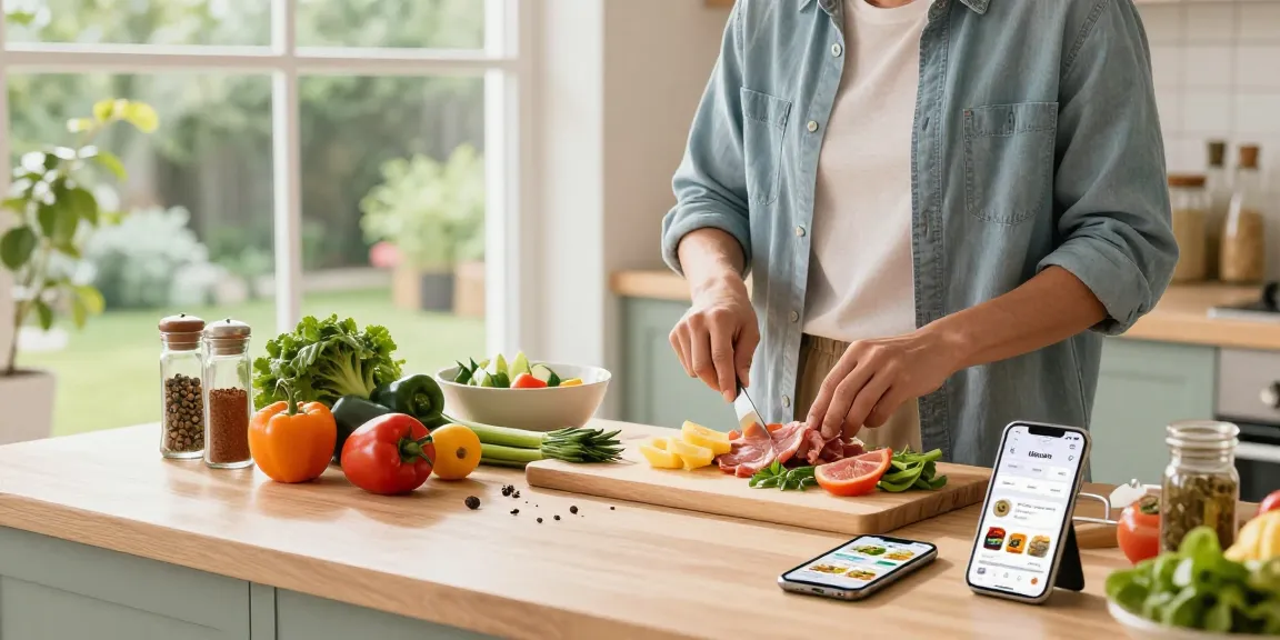 Best food tracker app displayed on a smartphone in a bright kitchen with fresh ingredients.