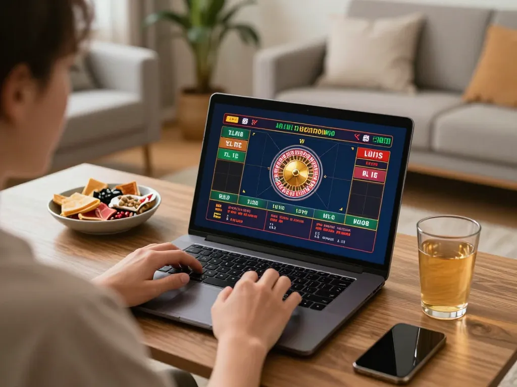 Engaged player enjoying online gambling at nhà cái 388bet with roulette action visible on laptop screen