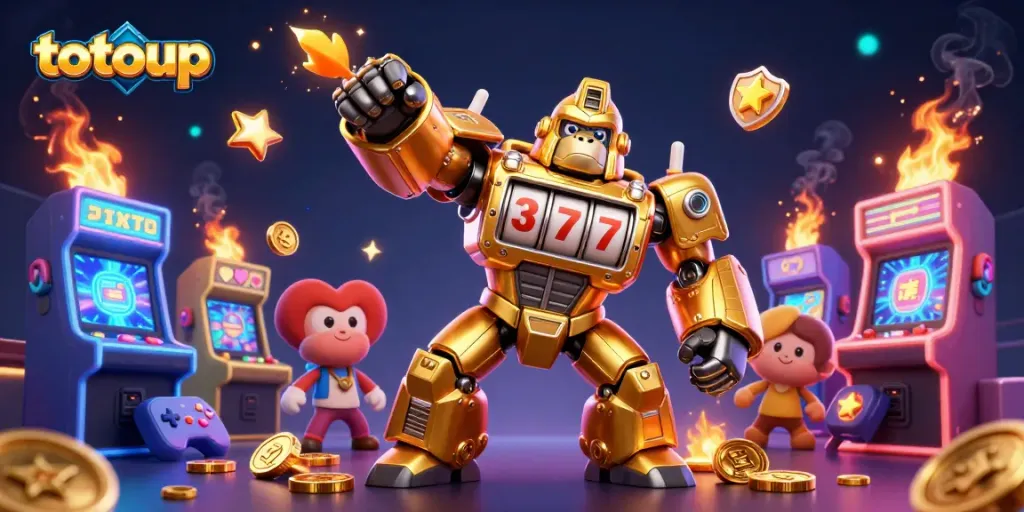 Experience totoup's thrilling slot machine adventure with a dynamic golden mech and vibrant gaming elements.