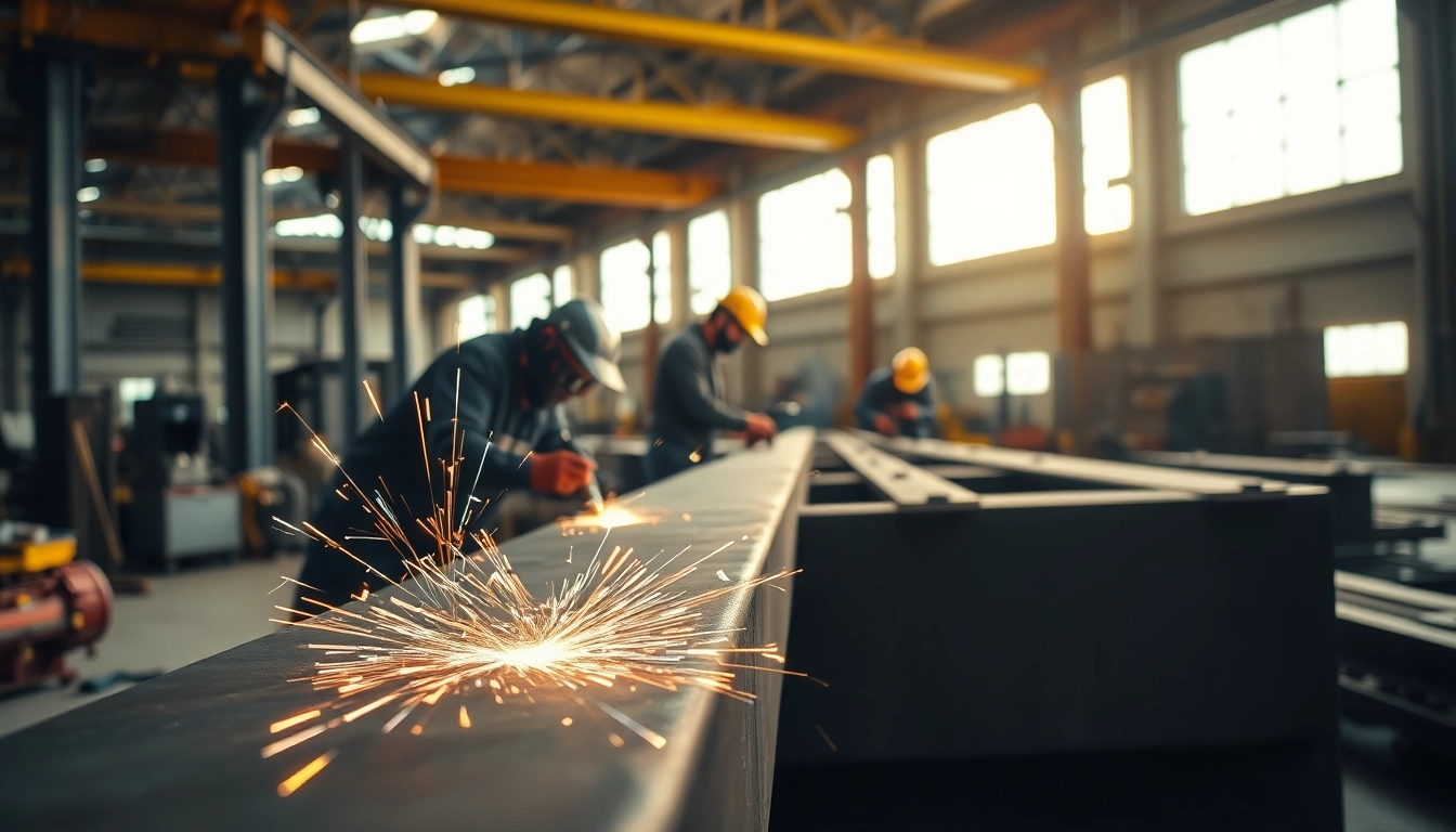 Welders skillfully performing structural steel welding with flying sparks in a vibrant workshop.