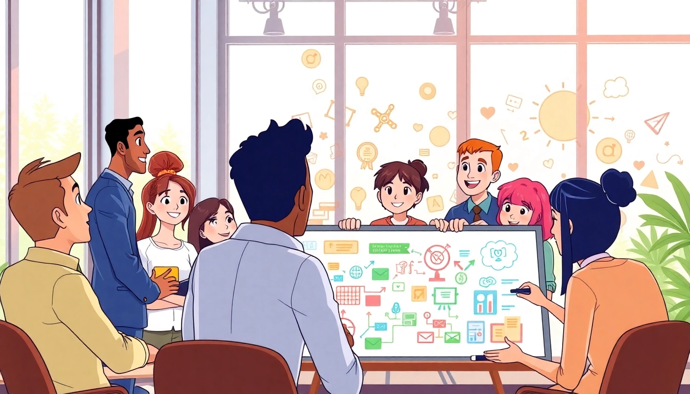 Erkläranimation in modern office showcasing creative brainstorming session with animated characters.